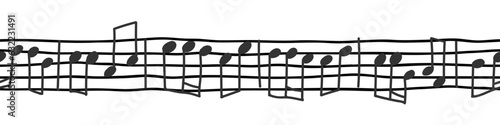 Music note stave hand drawn vector seamless border washi tape. Horizontal music books pattern texture.