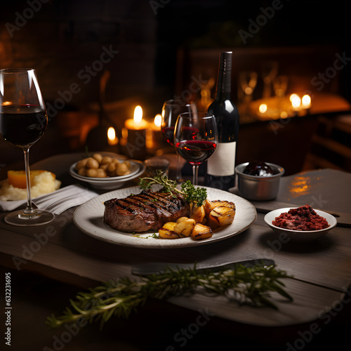 Delicious rare cooked steak and potatoes with a glass of wine for dinner. Generative AI