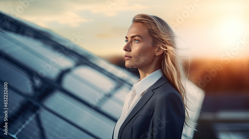 woman wearing suit on the foreground, with solar panel field in the background. Ecology concept