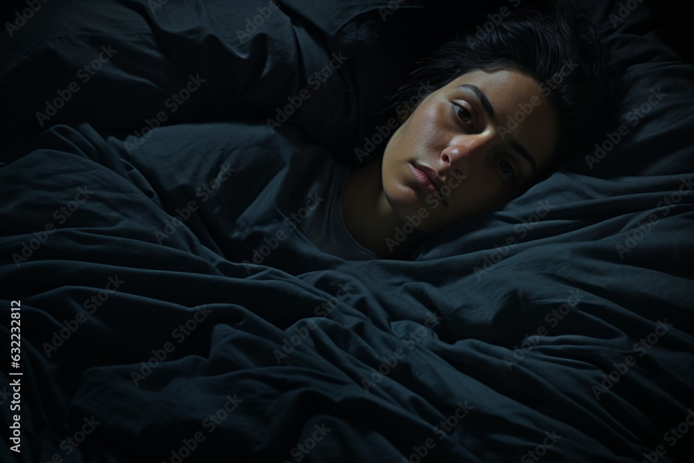 Young European woman Caucasian girl female awake in home bed laying at night in bedroom suffer with insomnia in dark room nightmare awakening after sleeping sleep disorder problem looking at camera Young European woman Caucasian girl female awake in home bed laying at night in bedroom suffer with insomnia in dark room nightmare awakening after sleeping sleep disorder problem looking at camera