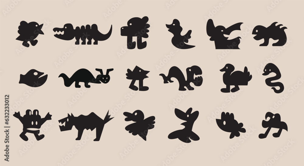 Various abstract animals. Cat, bird,
chameleon, snake, duck, fish, crocodile, parrot. Quirky shapes. Hand drawn doodles. Contemporary trendy Vector illustration. Set of black icons. Various abstract animals. Cat, bird,
chameleon, snake, duck, fish, crocodile, parrot. Quirky shapes. Hand drawn doodles. Contemporary trendy Vector illustration. Set of black icons.