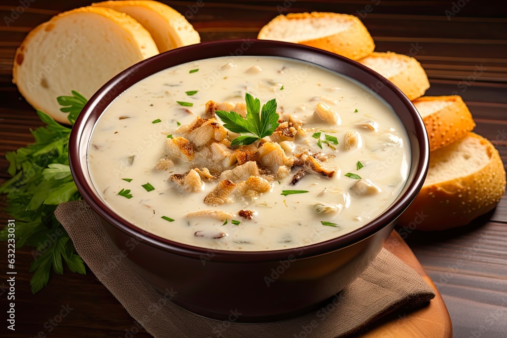 Creamy Homemade New England Clam Chowder with Fresh Clams. Served hot in a Bowl with a Spoon. Perfect Seafood Soup for Dinner or Lunch: Generative AI