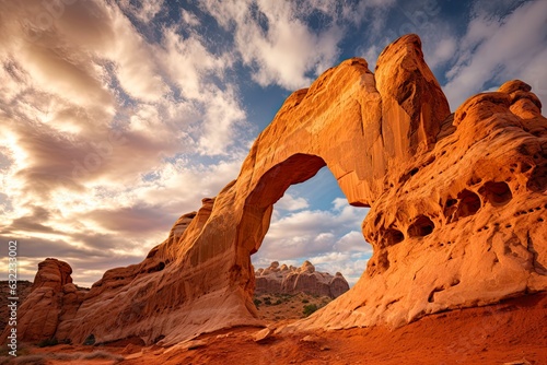 Cassidy Arch in Capitol Reef National Park. Majestic Sandstone Erosion Formation Amidst Stunning Utah Landscape with Dramatic Clouds in the Background: Generative AI photo