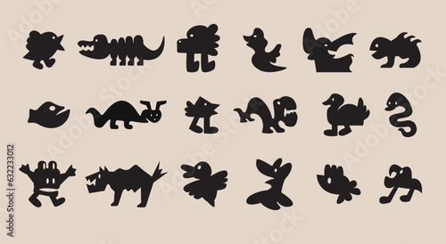 Various abstract animals. Cat, bird, chameleon, snake, duck, fish, crocodile, parrot. Quirky shapes. Hand drawn doodles. Contemporary trendy Vector illustration. Set of black icons. 