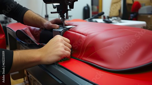 Craftsman's New Upholstered Furniture Production with Red Textile Covering and Pneumatic Stapler at Carpenter's Shop. Generative AI