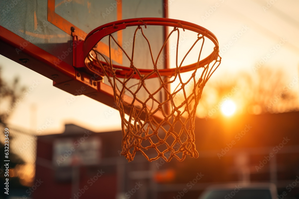 basketball basket against the background of the evening orange sun generative ai