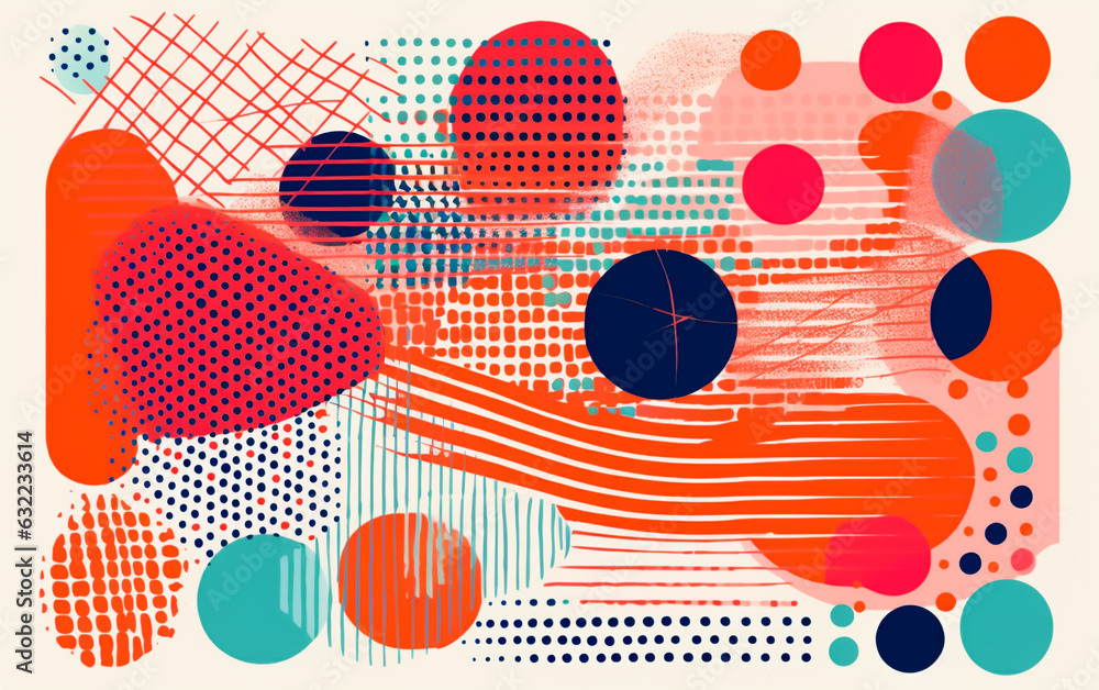 Colorful geometric shapes in Risograph texture or wall art style. Retro colors and shapes for backgrounds. 
