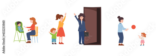 Set of vector illustrations of Family Babysitter services, the nanny feeds, plays with the child, isolated on white background
