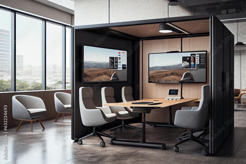 Fototapeta premium Modern office interior, meeting room with monitors for videoconferencing. Abstract illustration.