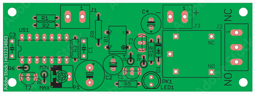Placement of components of radio elements (contact pads and seats) on the printed circuit board of an electronic device. Vector engineering drawing of a pcb. Electric background.