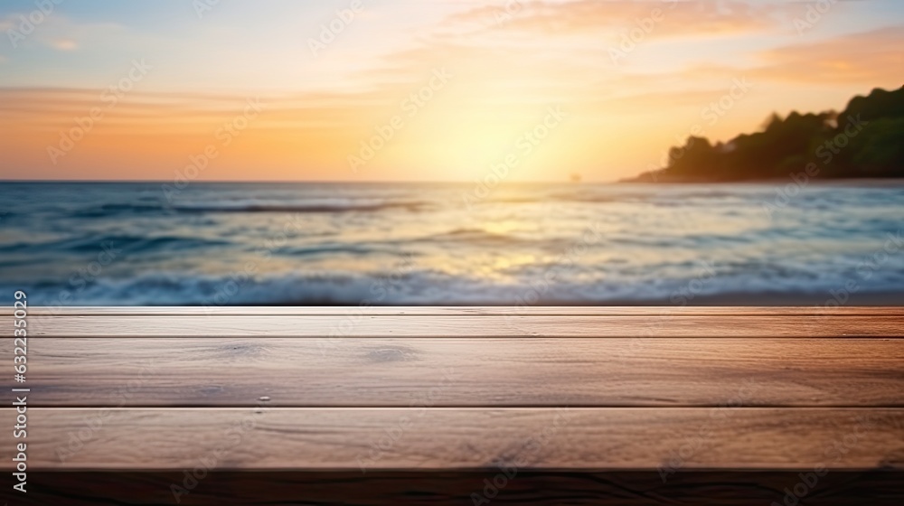 The empty wooden table top with blur background of sea on sunrise, Advertisement, Print media, Illustration, Banner, for website, copy space, for word, template, presentation.