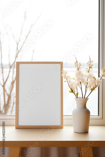 Mockup frame in Coastal interior background, room in light pastel colors. generative AI