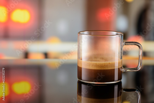 Glass cup of ristretto coffee on the bar counter with blurred background. Copy space. photo