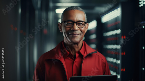 Middle Aged male IT Specialist is standing in Data Center Next to Server Racks and Looking at the Camera. The man is gaining a new profession. Generated Ai.