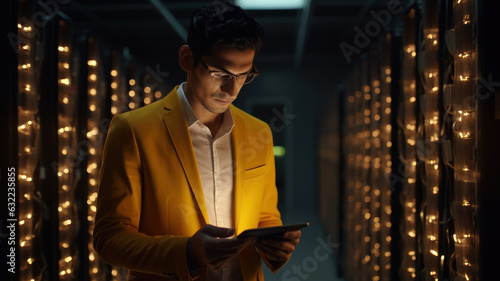 Portrait of Serious Professional Technical Controller in the modern server room of a large IT company. System Control and Monitoring Center In the Background. Generated Ai