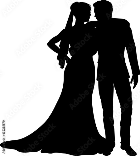 Bride and groom couple silhouettes. Woman in a bridal wedding dress