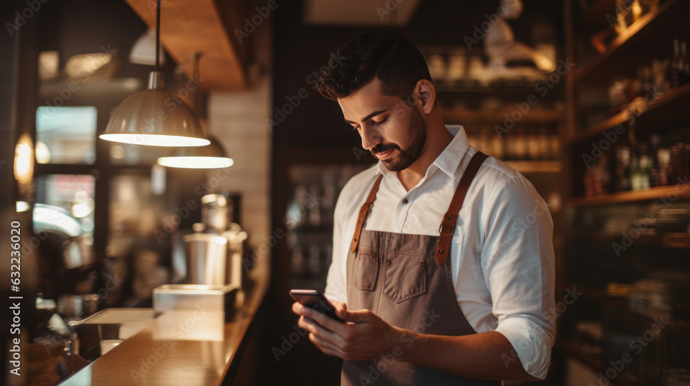 young barista uses the mobile phone to accept payment
