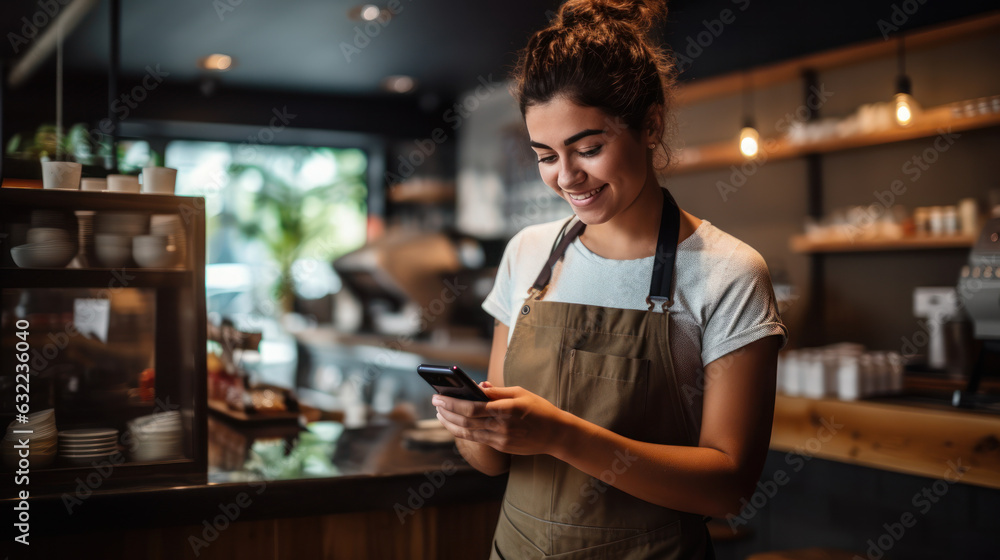 young woman barista uses the mobile phone to accept payment from young in the coffee shop