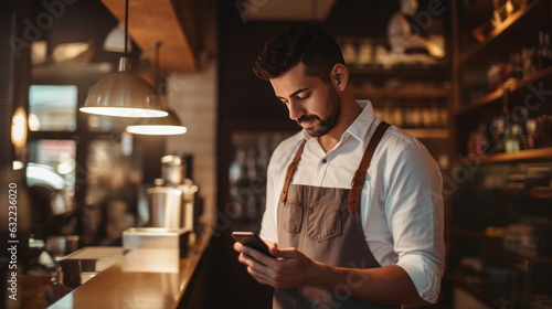 young barista uses the mobile phone to accept payment