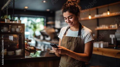young woman barista uses the mobile phone to accept payment from young in the coffee shop