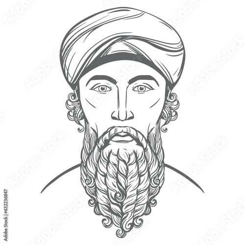 Zarathushtra is the spiritual founder of the religion of Zoroastrianism. Portrait of ancient Iranian prophet. Vector portrait of a Persian man. Bearded man in keffiyeh. Line drawing in engraving style