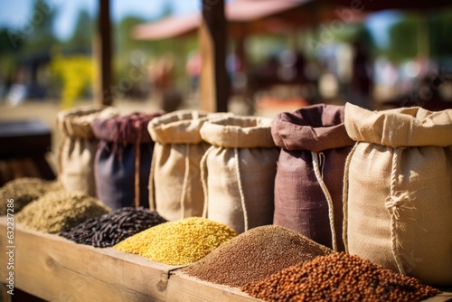 ancient grains in burlap sacks at a farmers market photo