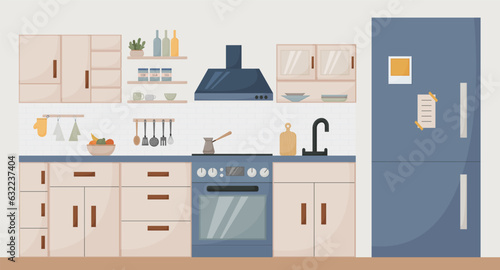 modern kitchen interior, flat style, furniture, dishes, appliances, stove, refrigerator, vector illustration
