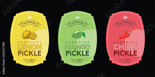 Pickle label design, spice food pickles packaging design, lemon pickles design, chili jalapeno mango vegetable spice Asian food illustration editable vector file