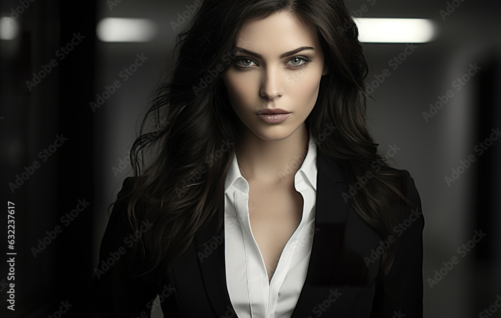 A woman donning a suit poses elegantly for a black-and-white photo, a timeless portrayal of sophistication and artistic finesse. Generative AI A woman donning a suit poses elegantly for a black-and-white photo, a timeless portrayal of sophistication and artistic finesse. Generative AI