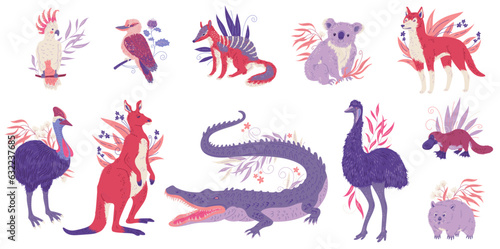 Australian exotic animals characters set, flat vector illustration isolated.
