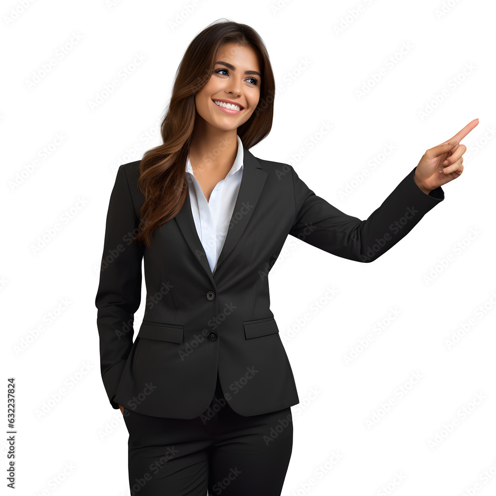 une femme en costume qui montre quelque chose du doigt, incrustez votre message ou votre produit une femme en costume qui montre quelque chose du doigt, incrustez votre message ou votre produit