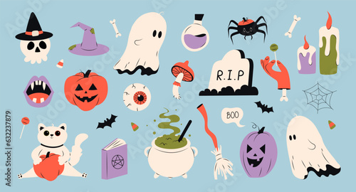 Cute Halloween set for kids with different elements for design. ghost, pumpkin, witchs cauldron, skull, poison bottle, spider, cobweb, gouged eye, vampire fangs. Vector stock hand drawn illustration.