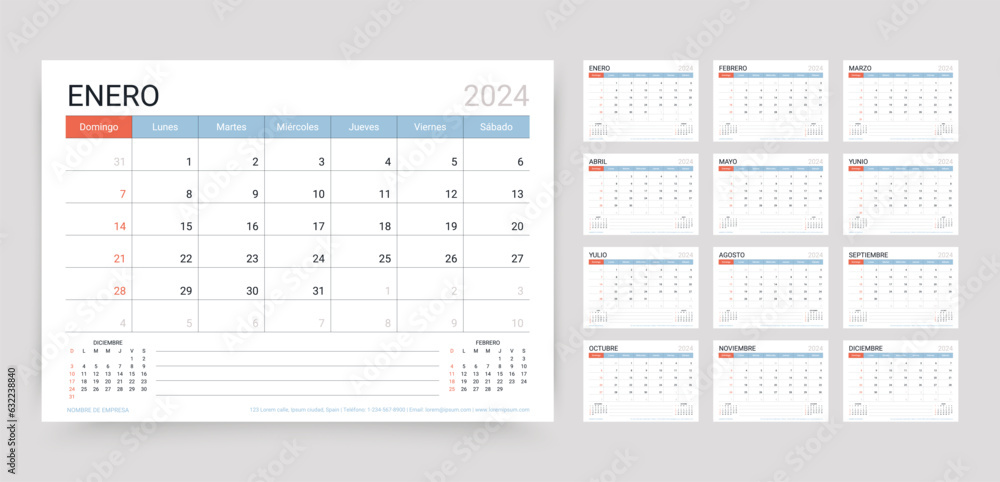 2024 calendar. Spanish planner calender template. Spain desk schedule ...
