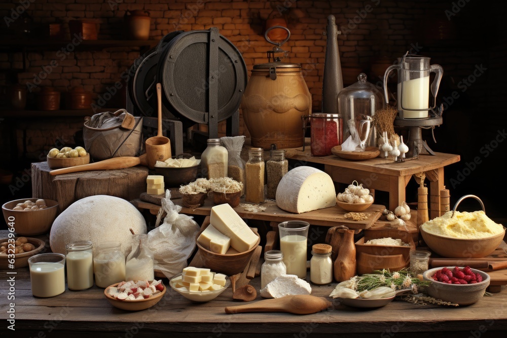 Fototapeta premium cheese making equipment and ingredients layout