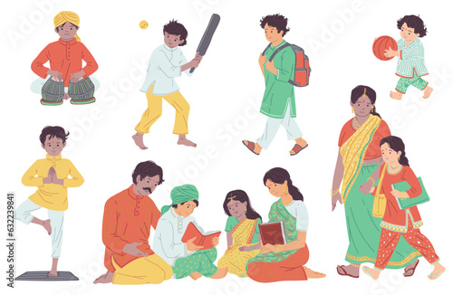 Indian children with family and friends set, flat vector illustration isolated.