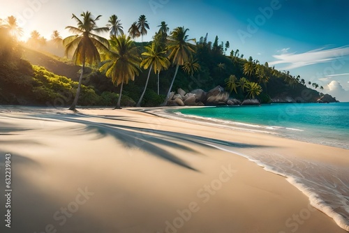 Beach with palm trees and sea. Generative AI