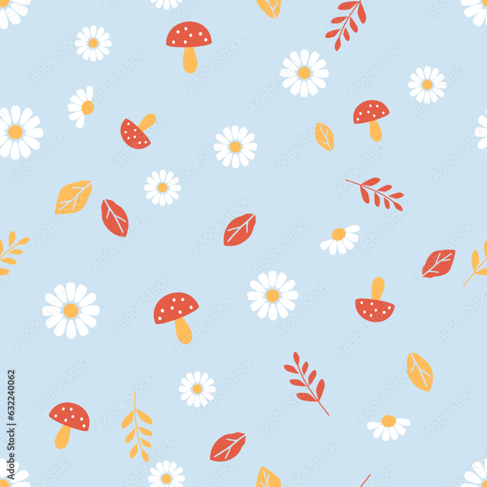 Seamless pattern with daisy flower, autumn leaves and mushrooms on blue background vector illustration. Seamless pattern with daisy flower, autumn leaves and mushrooms on blue background vector illustration.
