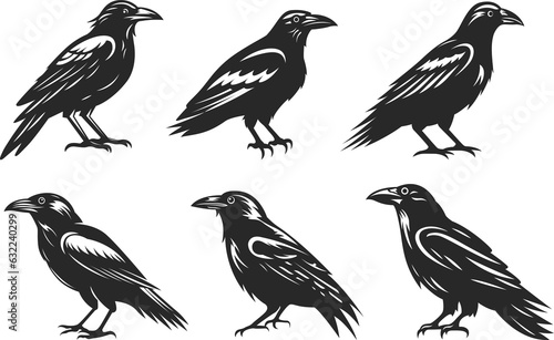   row abstract character illustrations. Graphic logo of birds design template for emblem. Image of raven.