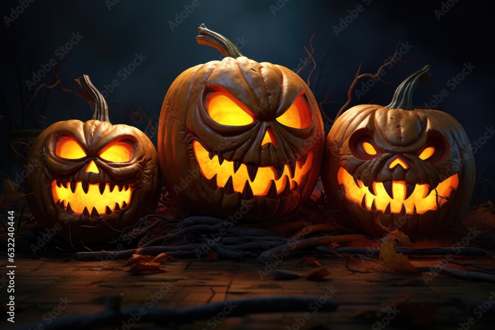 group of halloween carved 3d pumpkins on dark scary theme background, generative ai group of halloween carved 3d pumpkins on dark scary theme background, generative ai