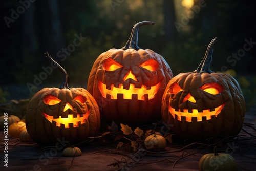 group of halloween carved 3d pumpkins on dark scary theme background, generative ai