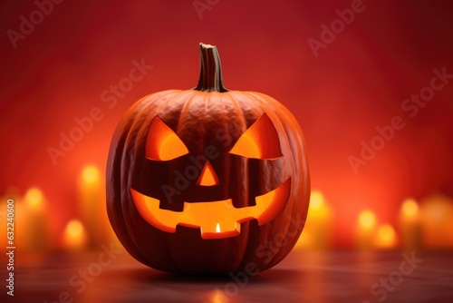 halloween carved pumpkin and candles on red blurred background, generative ai