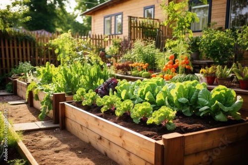 raised garden beds with various edible plants