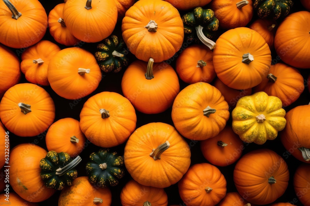 many orange pumpkins on black background, generative ai many orange pumpkins on black background, generative ai