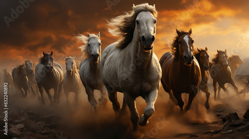 Epic Scene of Majestic Horses Running Towards the Camera in the Vast Desert  Ultra-Realistic and Highly Detailed Photograph Capturing the Power and Beauty of Nature