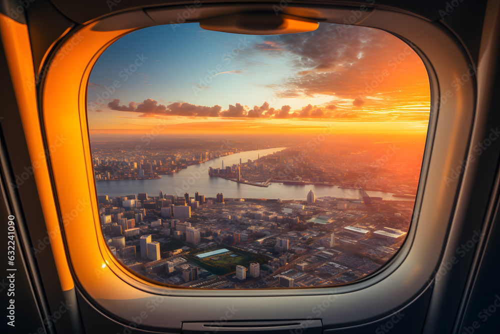sunset view from airplane window over the city AI generated art