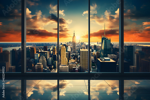 sunset over new york city through the window AI generated art