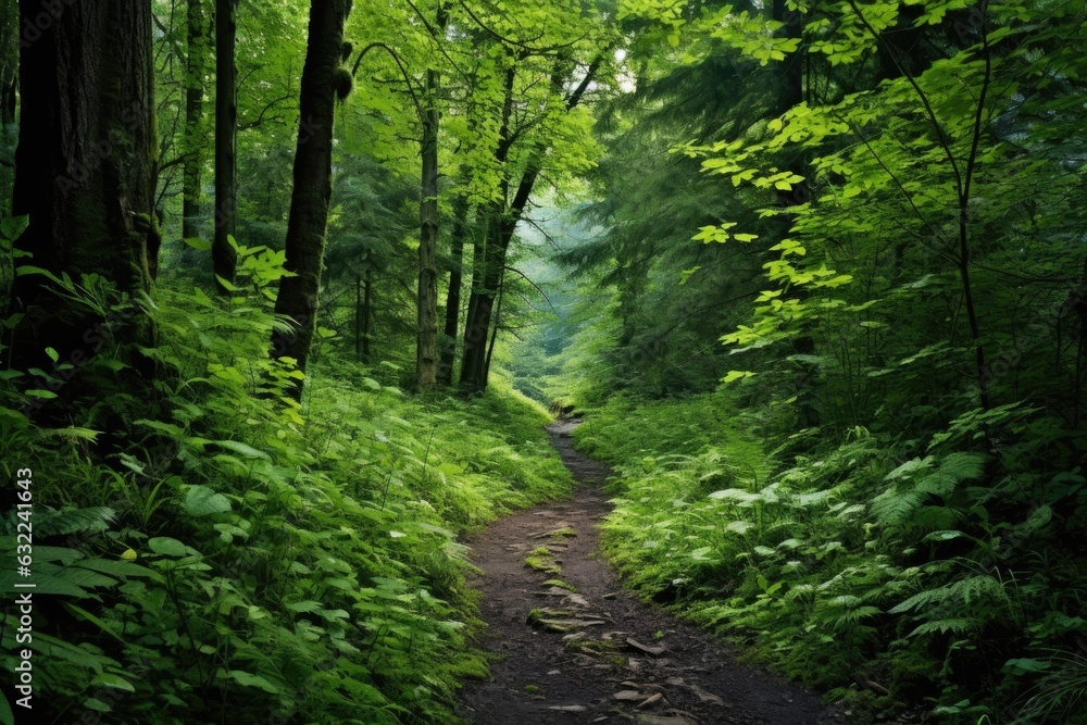 forest trail surrounded by lush green foliage
