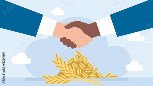 Two businessmen of different nationalities and skin colors shake hands as a symbol of an agreement on the supply of grain. Grain agreement. Sale wheat, rye. Handshake. Deal. Vector flat illustration