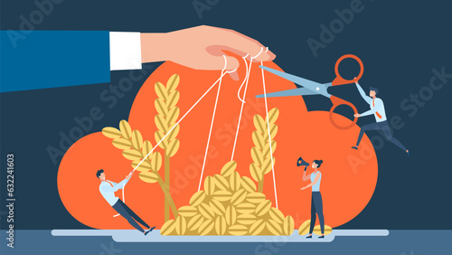 Society's struggle against the manipulation of the food crisis. Protest. A politician uses grain to maintain power. The concept of equal distribution of resources. Famine. Vector flat illustration