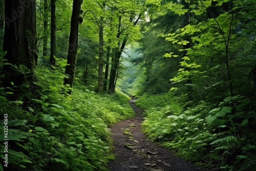 forest trail surrounded by lush green foliage